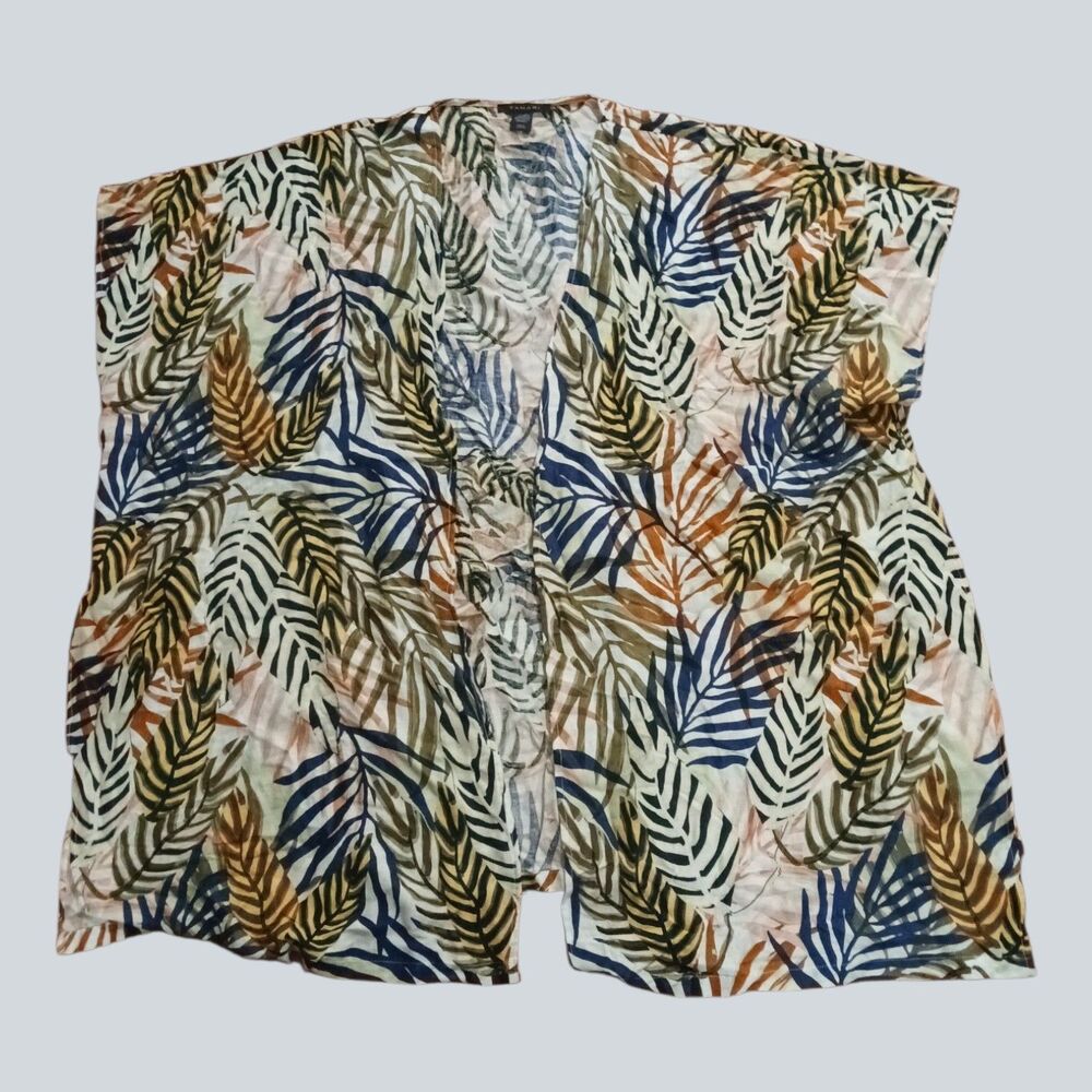 Tahari Womens Cover Up One Size Kimono Tropical Palm Leaf Linen Blend Beach